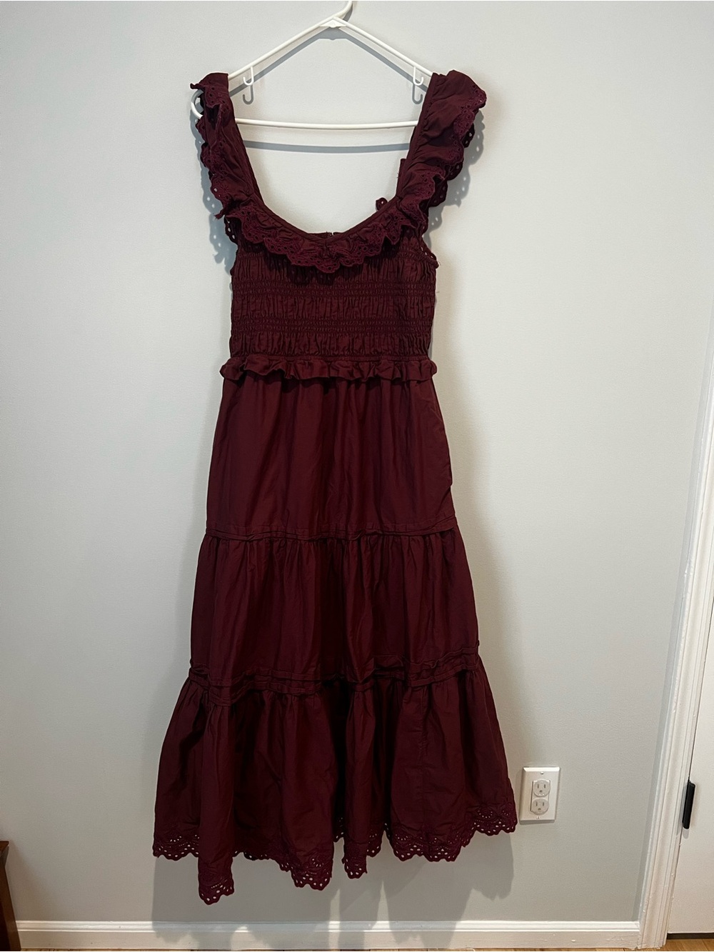 Madewell Burgundy Smocked Tiered Maxi Dress with Ruffle Straps